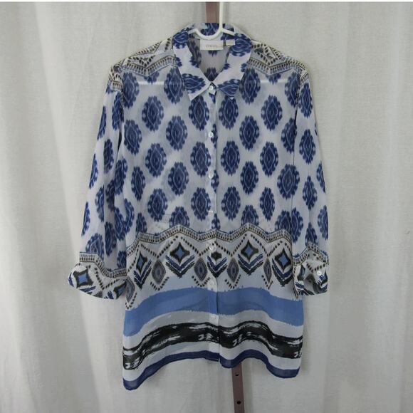 Chico's Size 2 Large Semi Sheer Blue and White Geometric Button Down Blouse - Picture 1 of 6